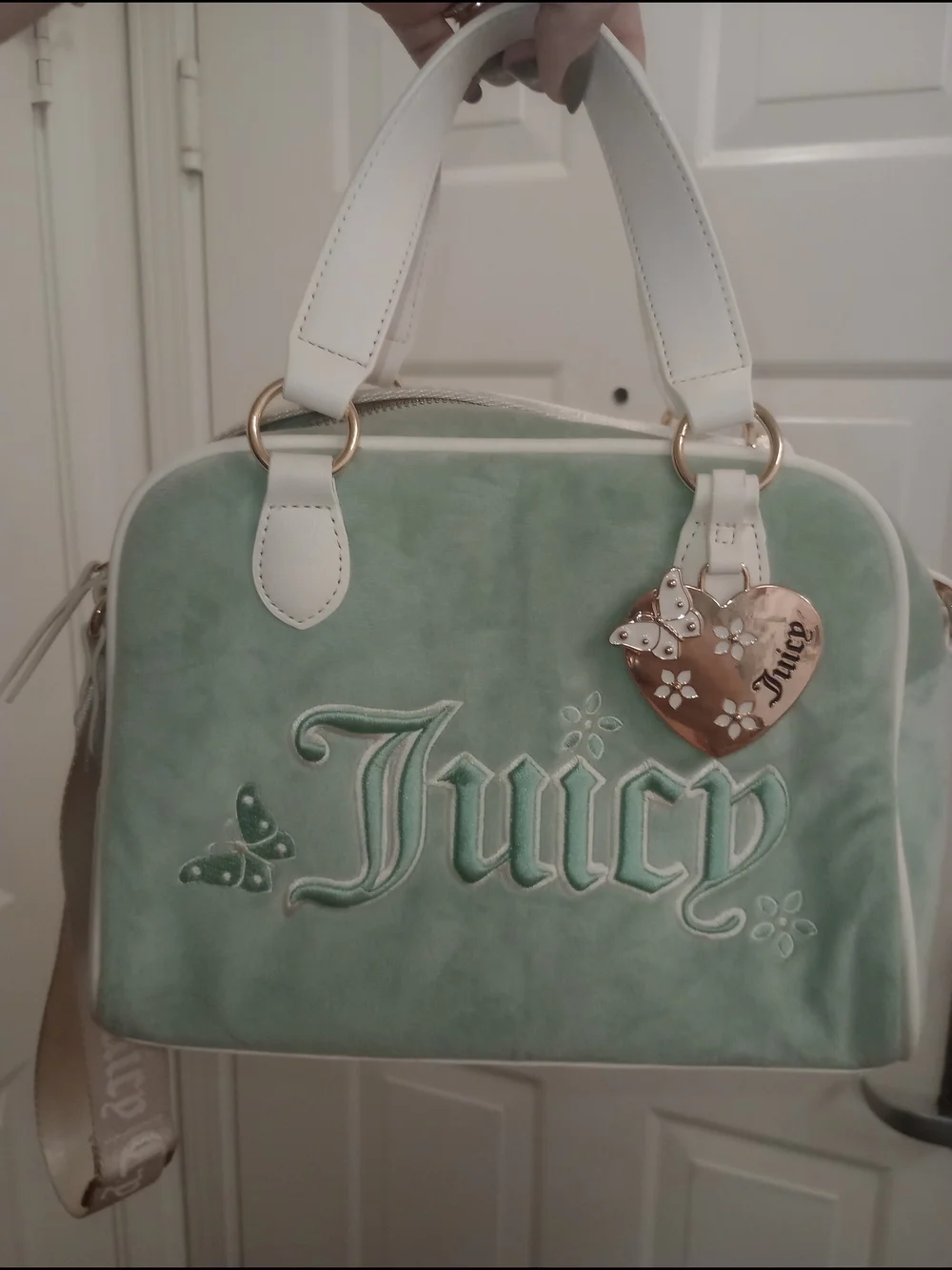 Juicy Couture Mint Green Velvet Satchel with White Handles